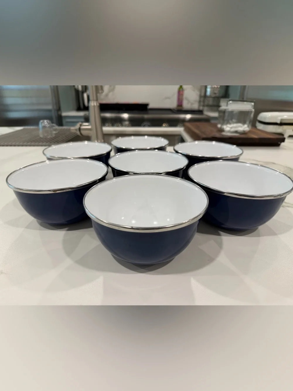 Pottery Barn Blue Enamel  Bowls with Silver Rim - Set of 7